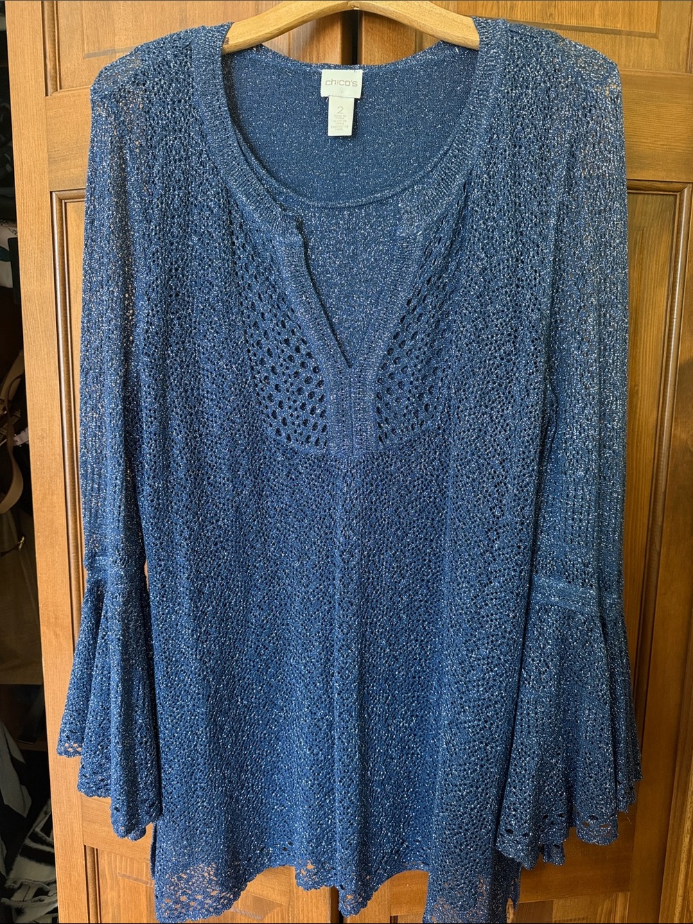 Chico's Denim Blue Open-Knit Bell Sleeve Tunic